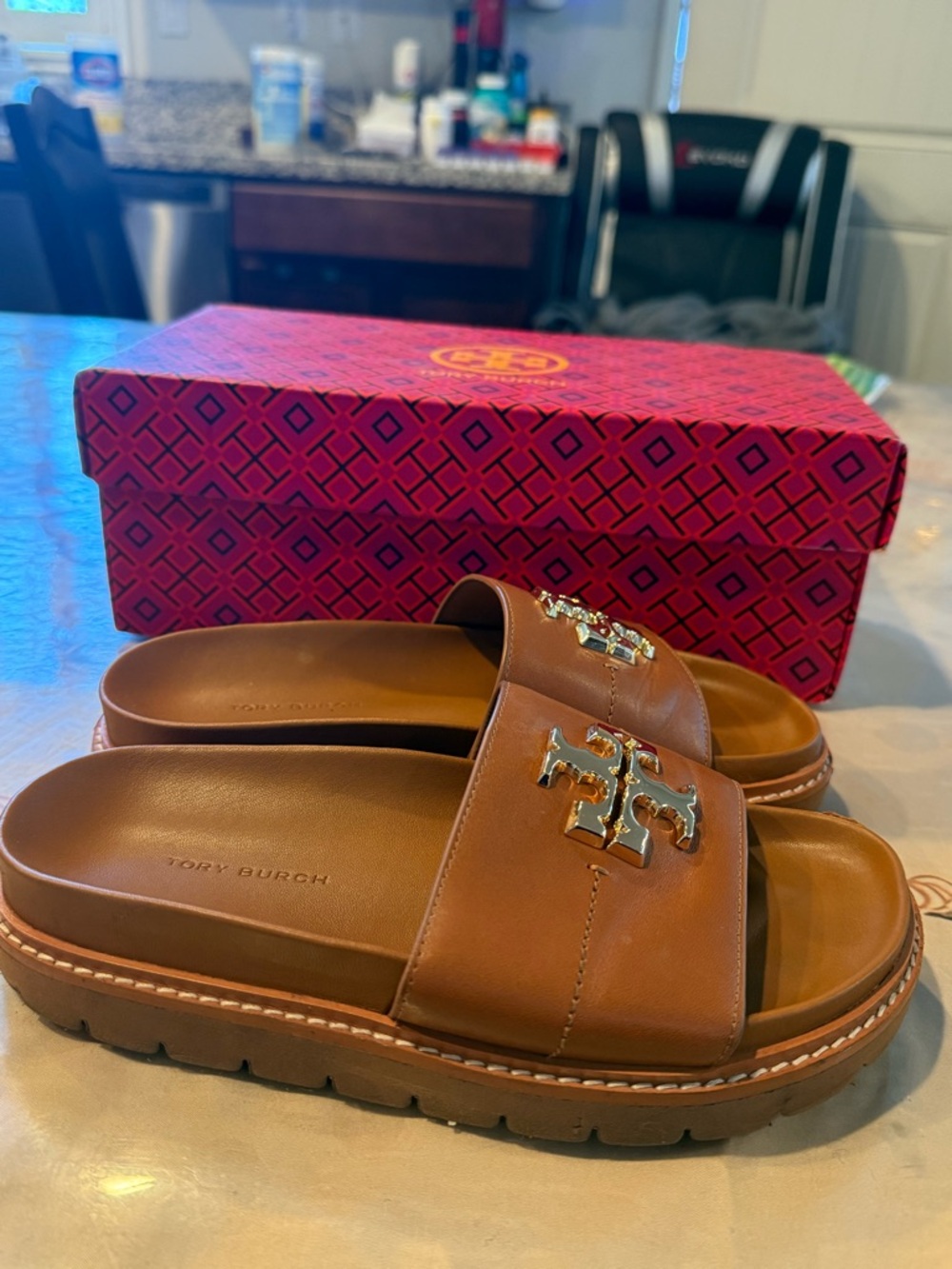 Tory Burch Brown Leather Slide Sandals with Gold Logo